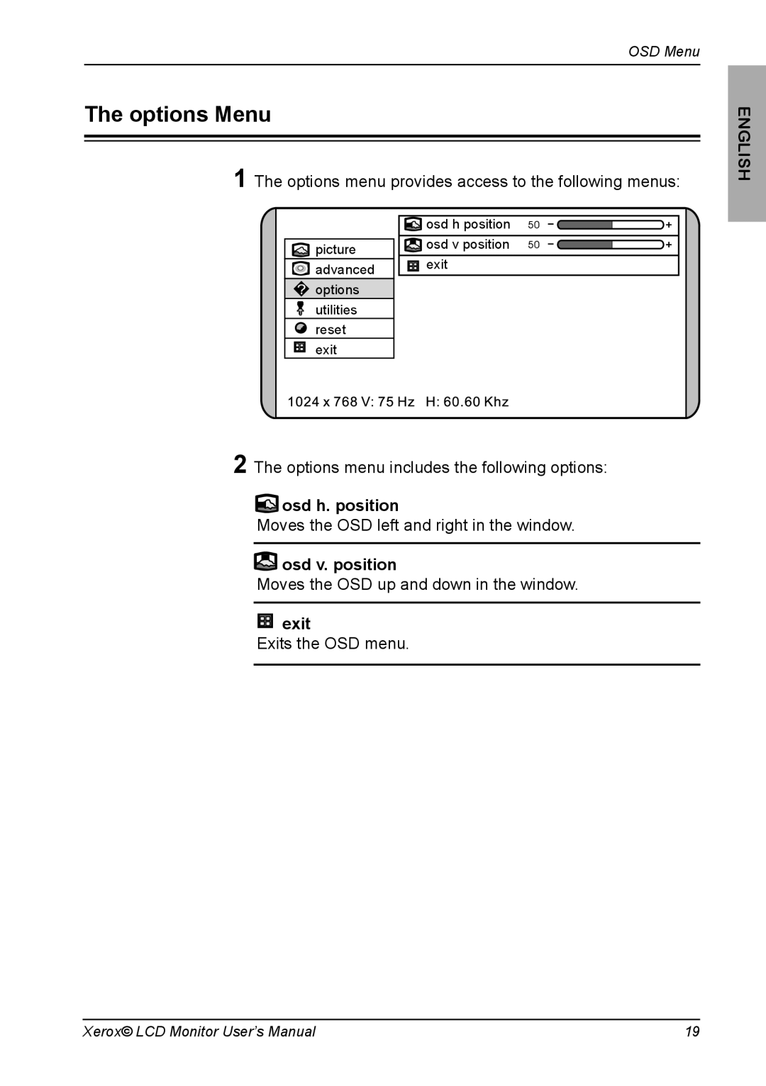 Proview XA3 Series manual Options Menu, Osd h. position, Osd v. position 