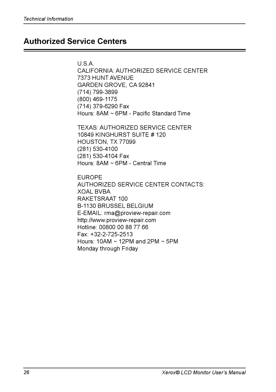 Proview XA3 Series manual Authorized Service Centers, 281 281 530-4104 Fax Hours 8AM ~ 6PM Central Time 