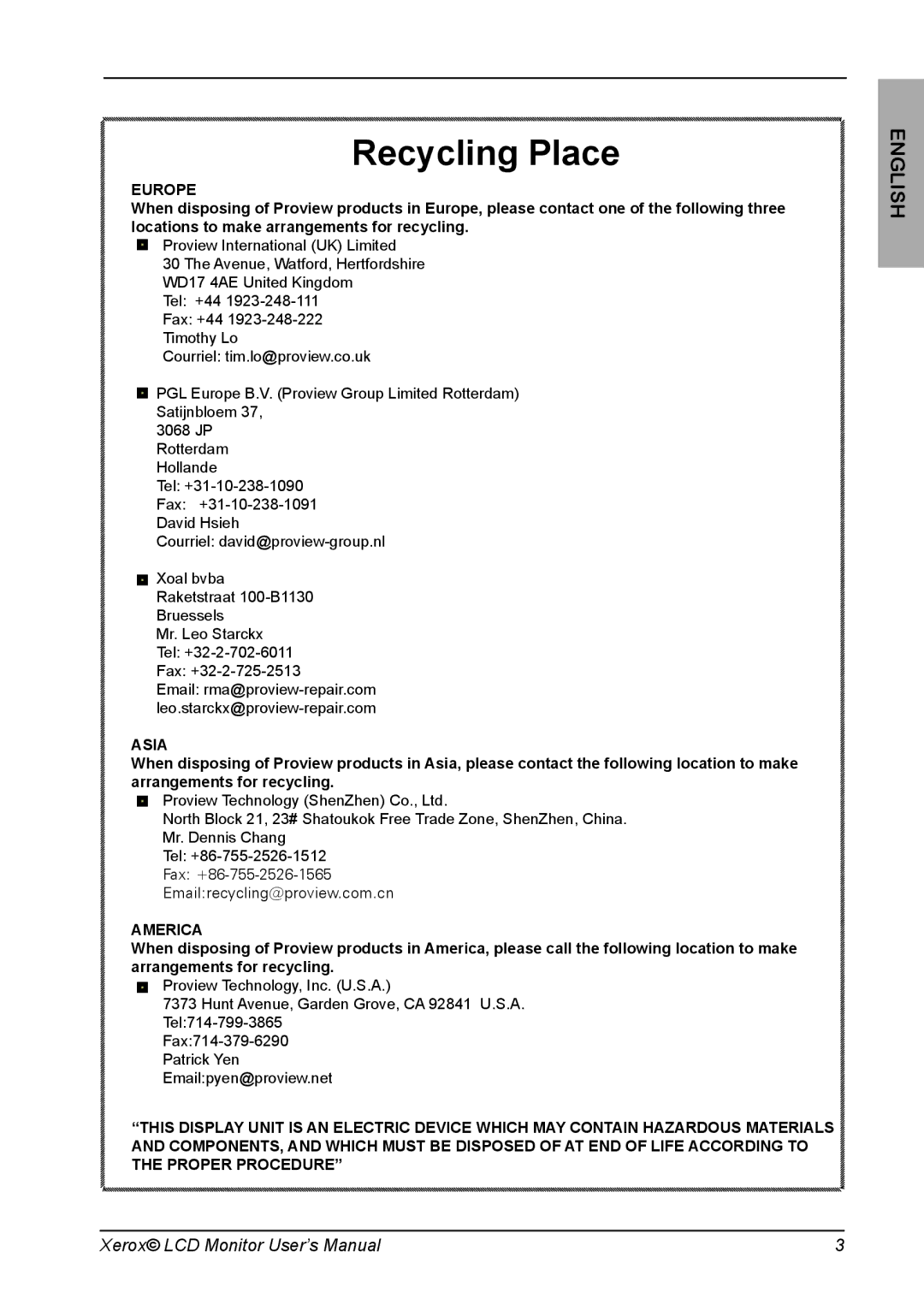 Proview XA3 Series manual Recycling Place, Europe 