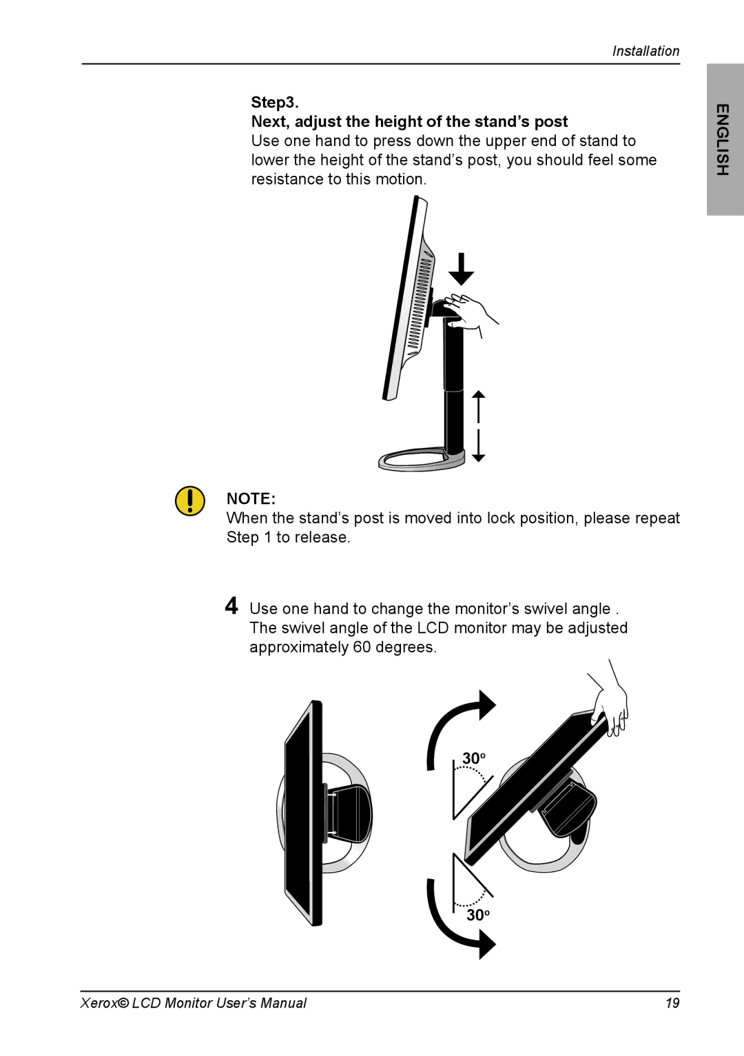 Proview XAP series manual Next, adjust the height of the stand’s post, 30o 