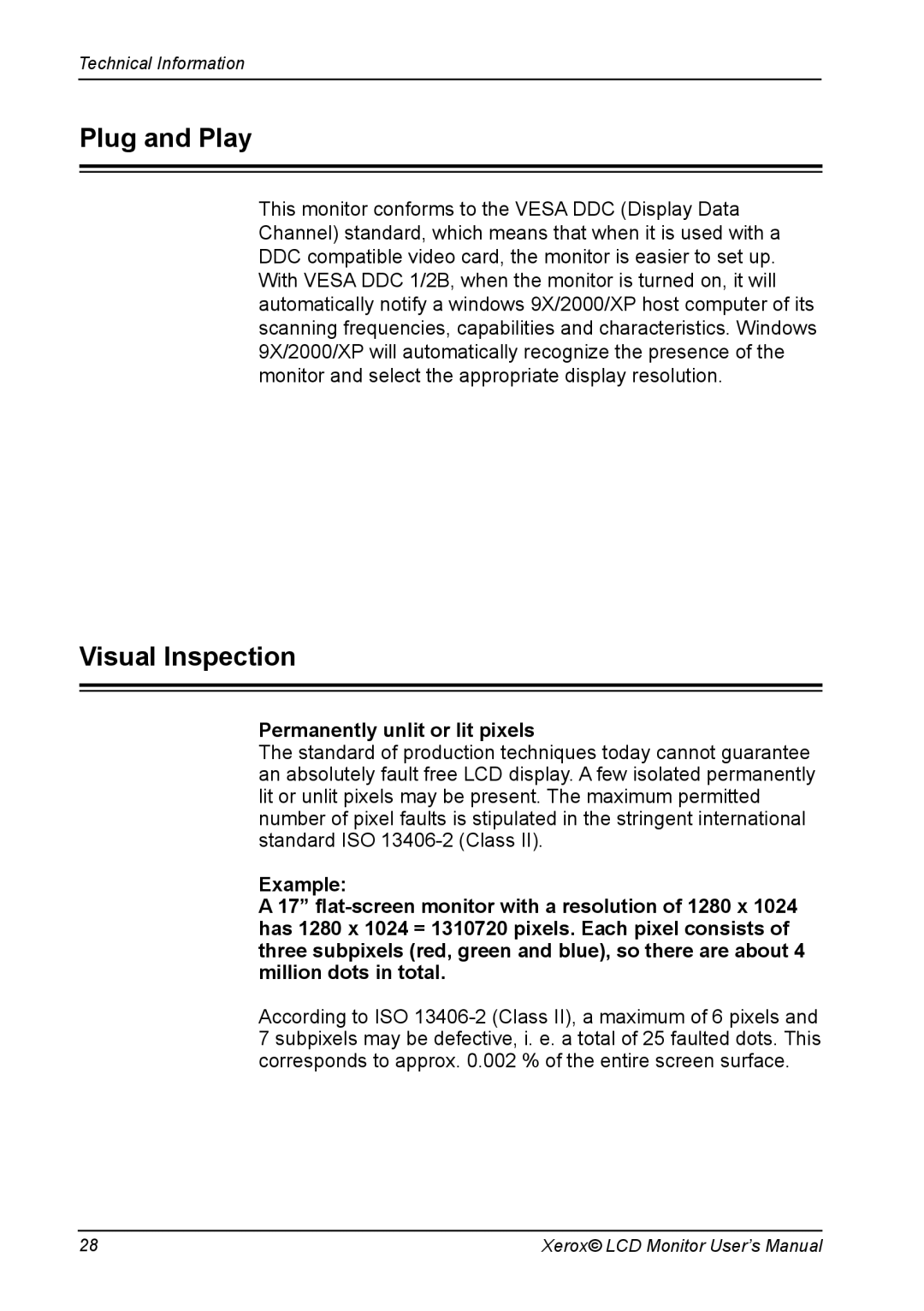 Proview XAP series manual Plug and Play, Visual Inspection, Permanently unlit or lit pixels 