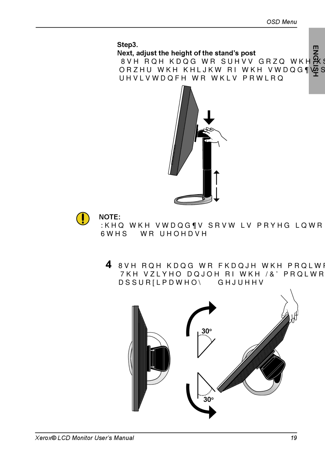 Proview XM7-19w manual Next, adjust the height of the stand’s post, 30o 