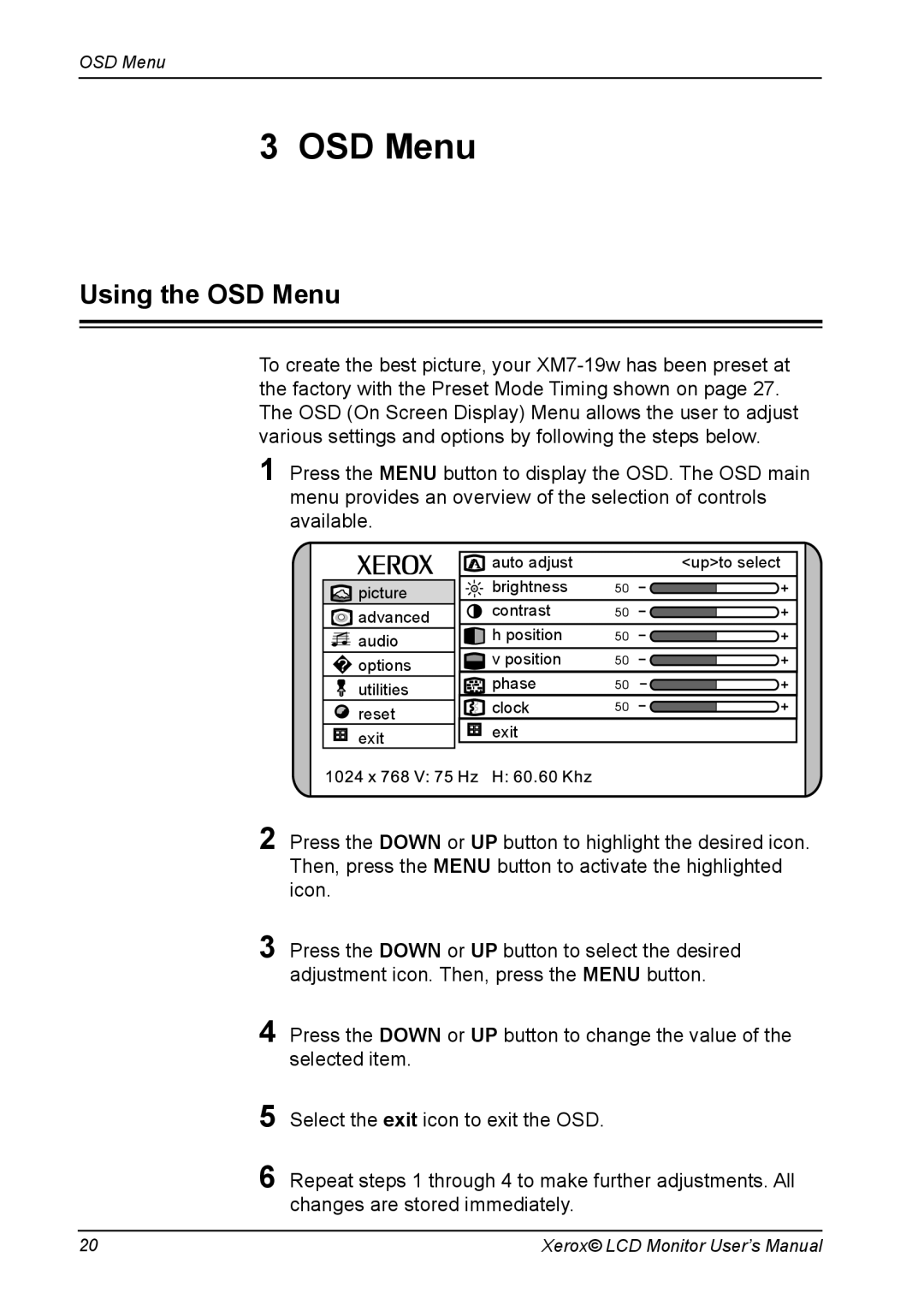 Proview XM7-19w manual Using the OSD Menu 