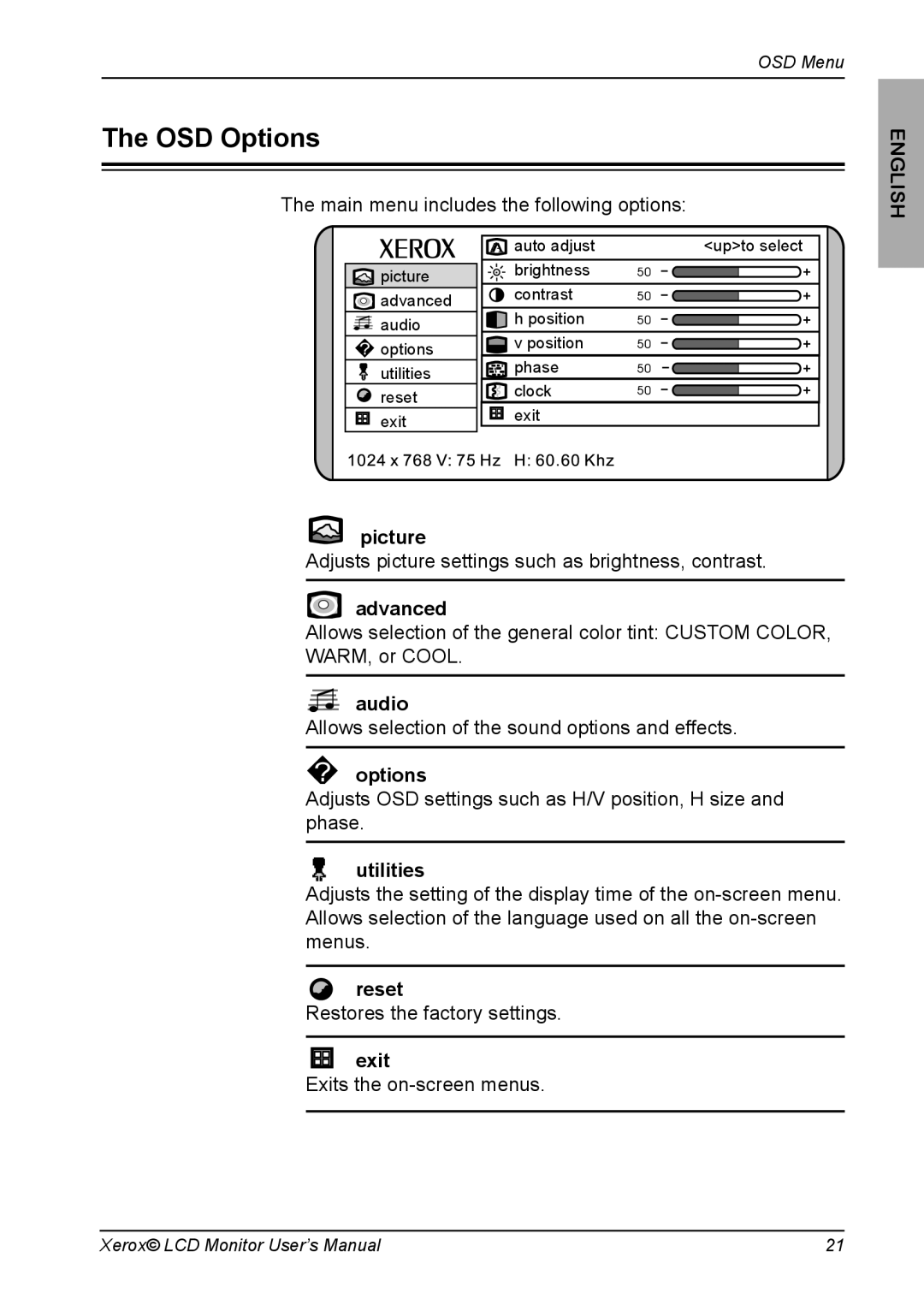 Proview XM7-19w manual OSD Options 