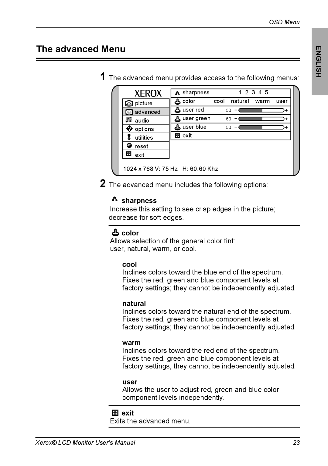 Proview XM7-19w manual Advanced Menu 