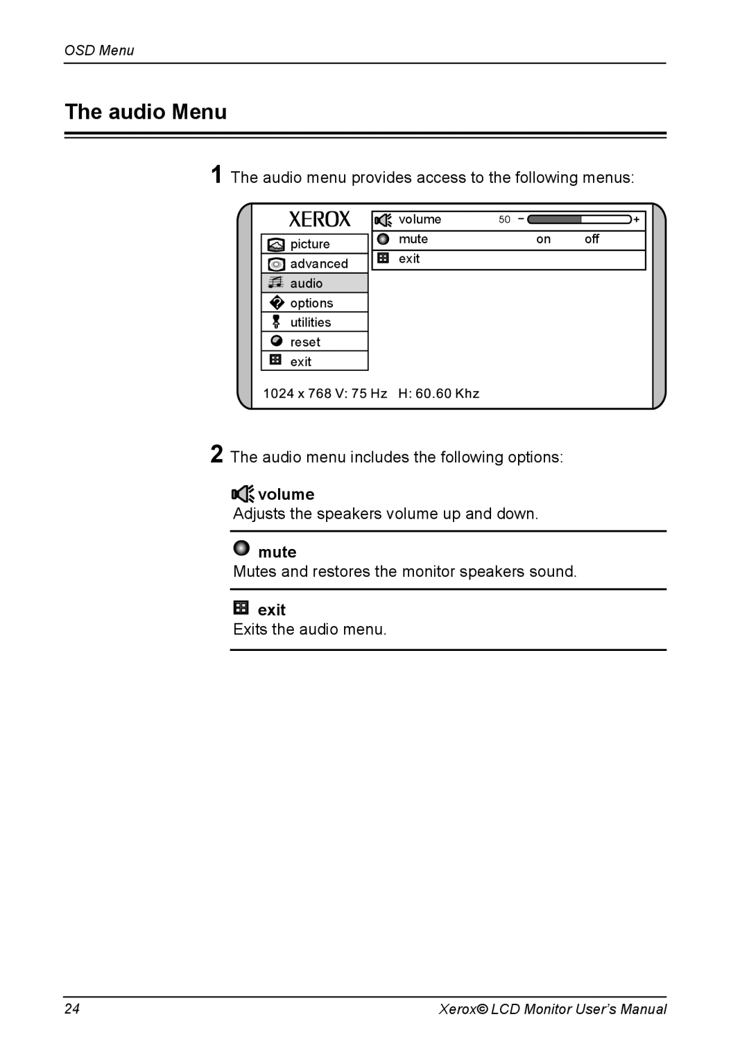 Proview XM7-19w manual Audio Menu, Volume, Mute 