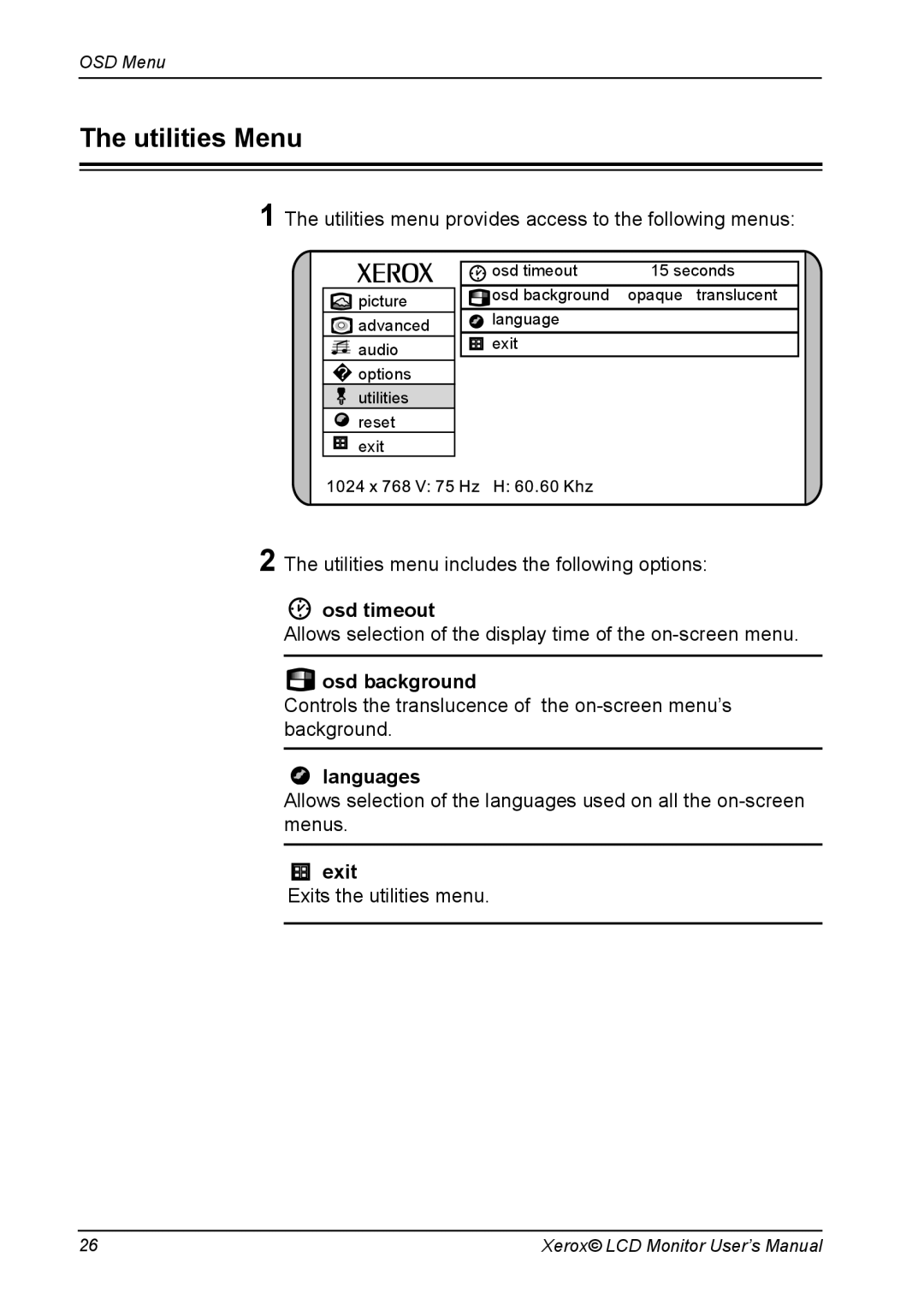 Proview XM7-19w manual Utilities Menu, Osd timeout, Osd background, Languages 