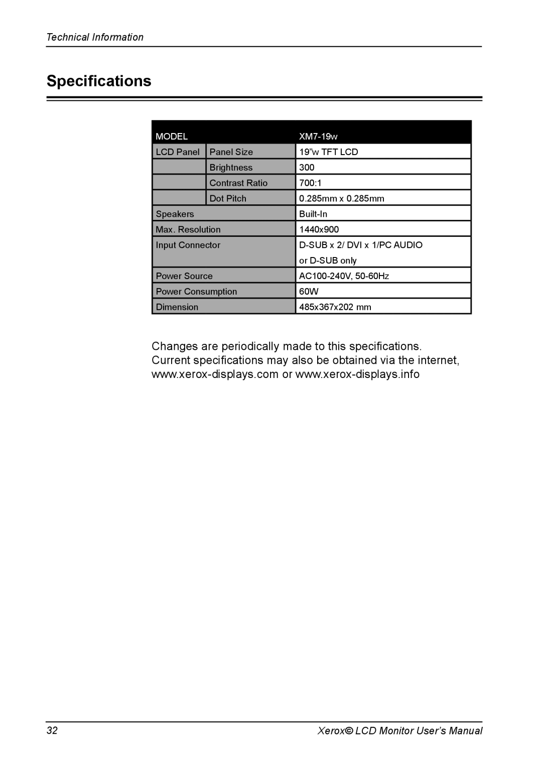 Proview XM7-19w manual Speciﬁcations, Model 