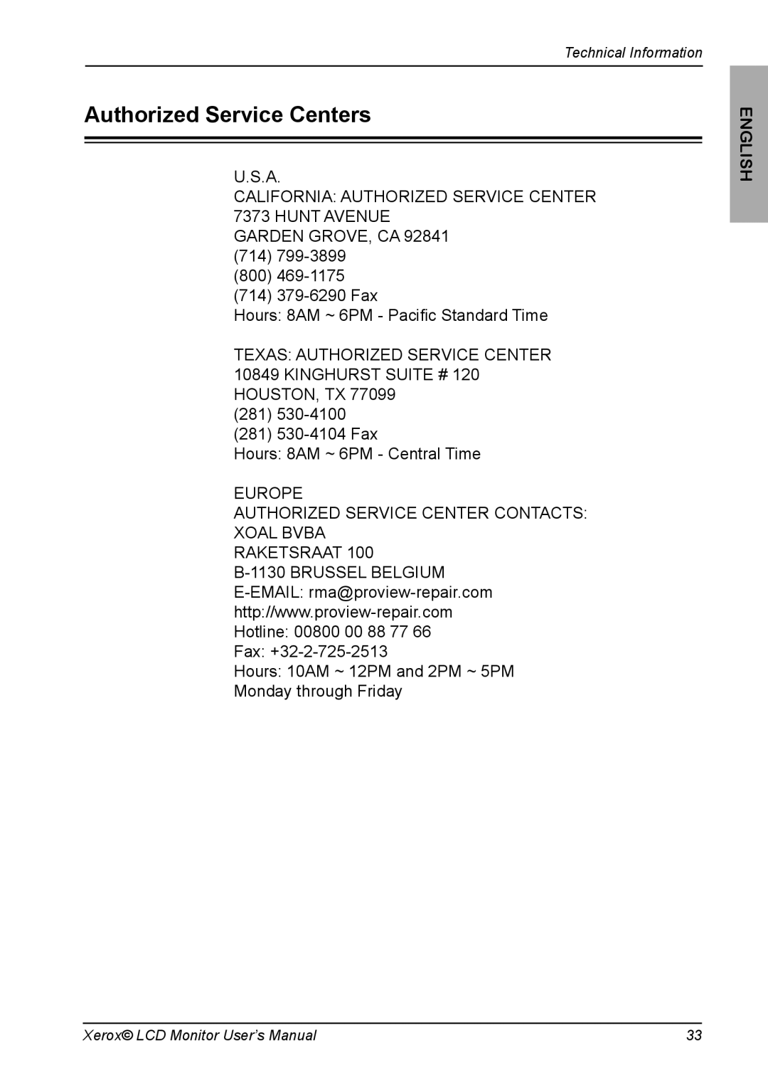 Proview XM7-19w manual Authorized Service Centers, 281 281 530-4104 Fax Hours 8AM ~ 6PM Central Time 