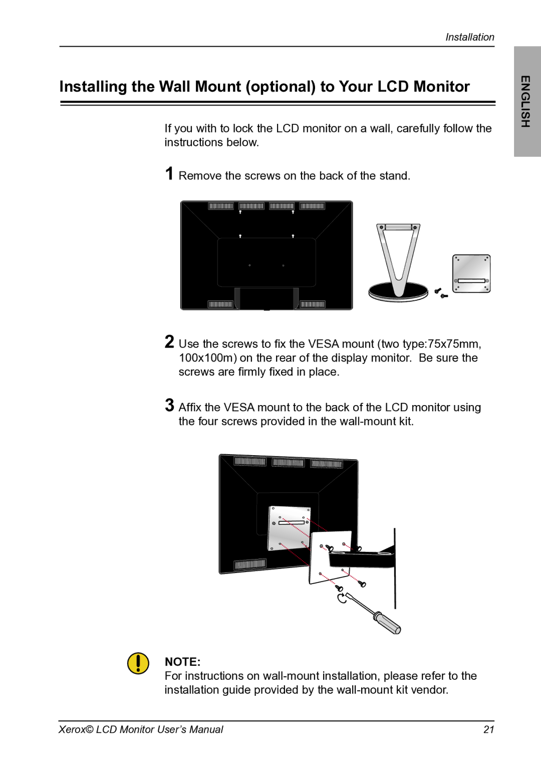 Proview XM9-23w manual Installing the Wall Mount optional to Your LCD Monitor 