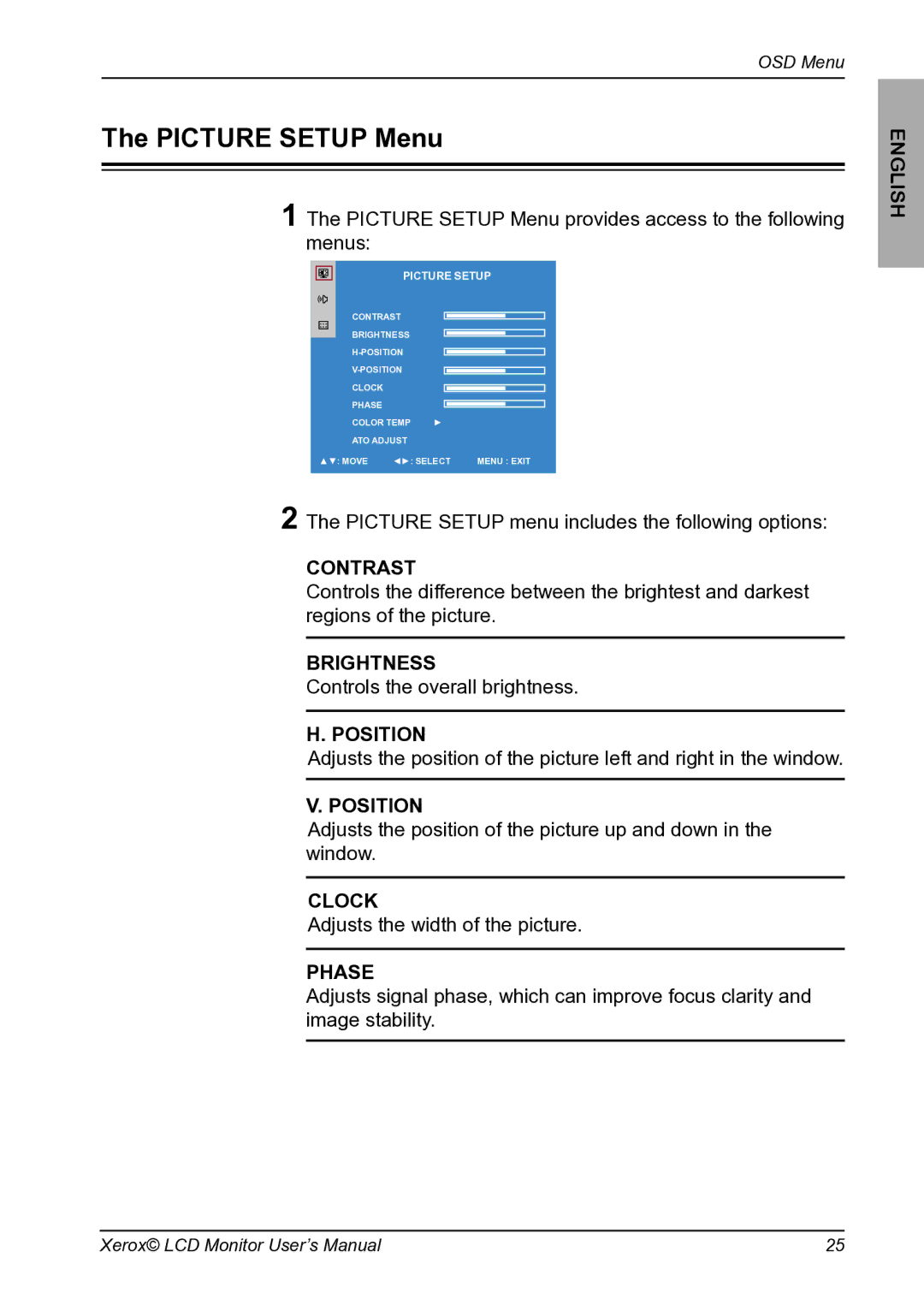 Proview XM9-23w manual Picture Setup Menu provides access to the following menus 