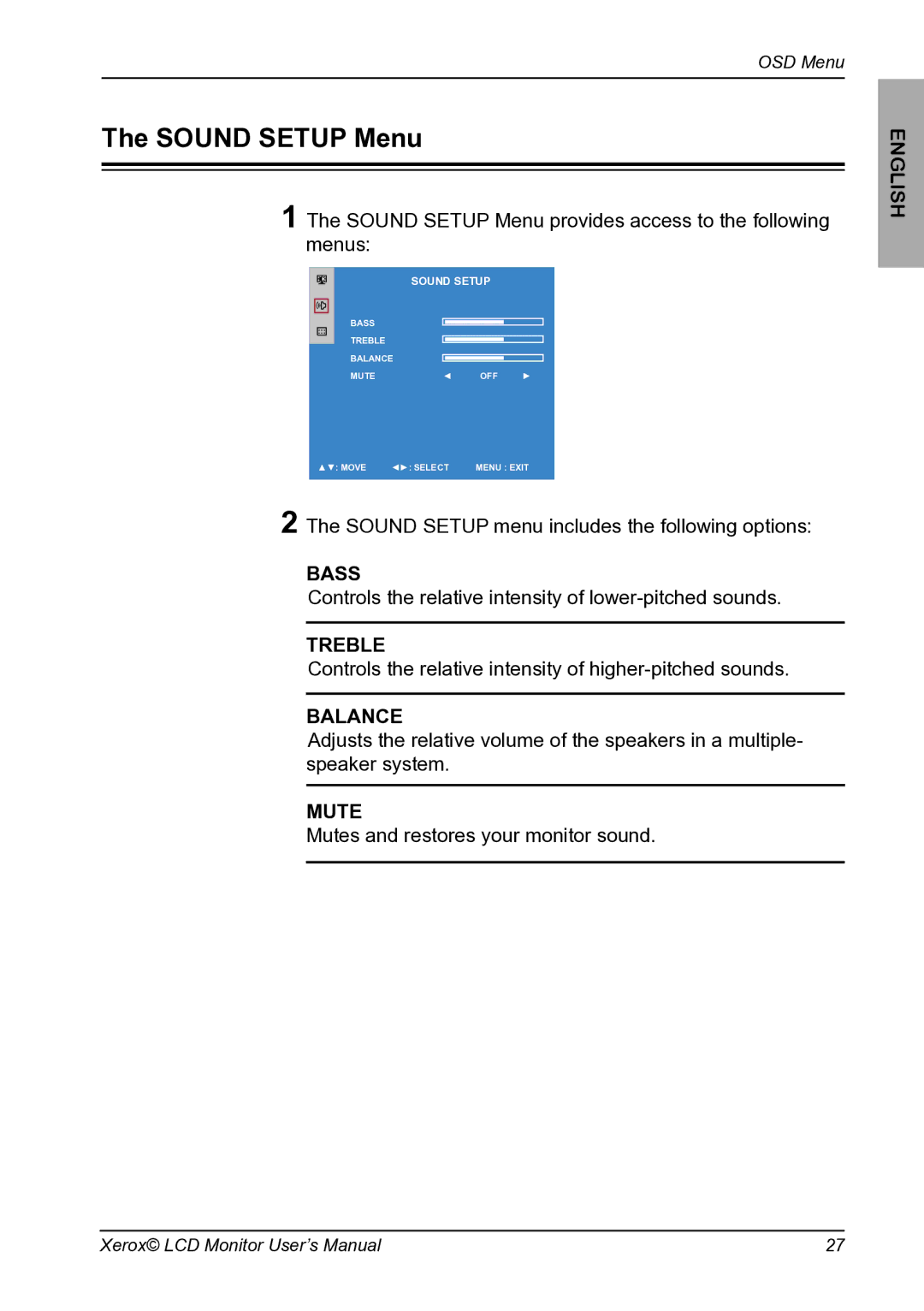 Proview XM9-23w manual Sound Setup Menu 