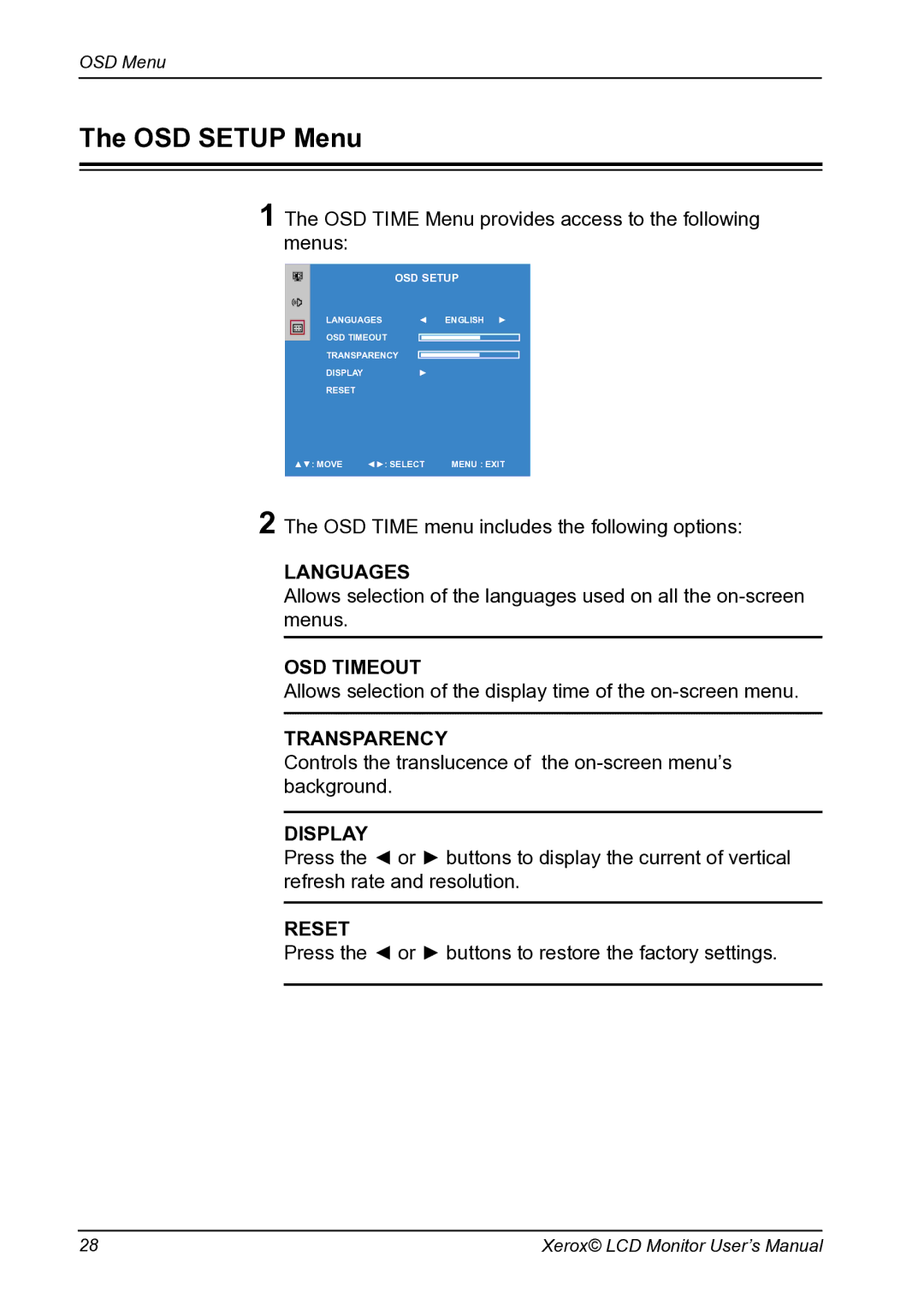 Proview XM9-23w manual OSD Setup Menu, Reset 