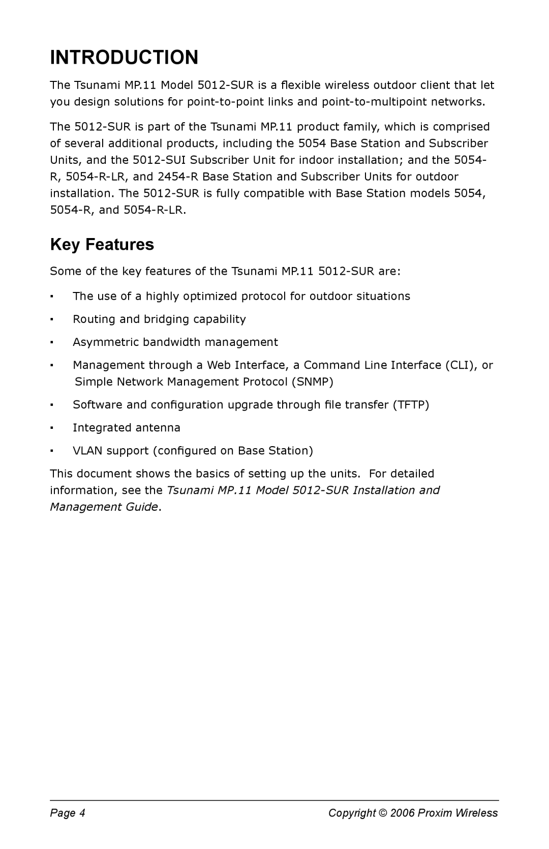 Proxim 5012-SUR manual Introduction, Key Features 