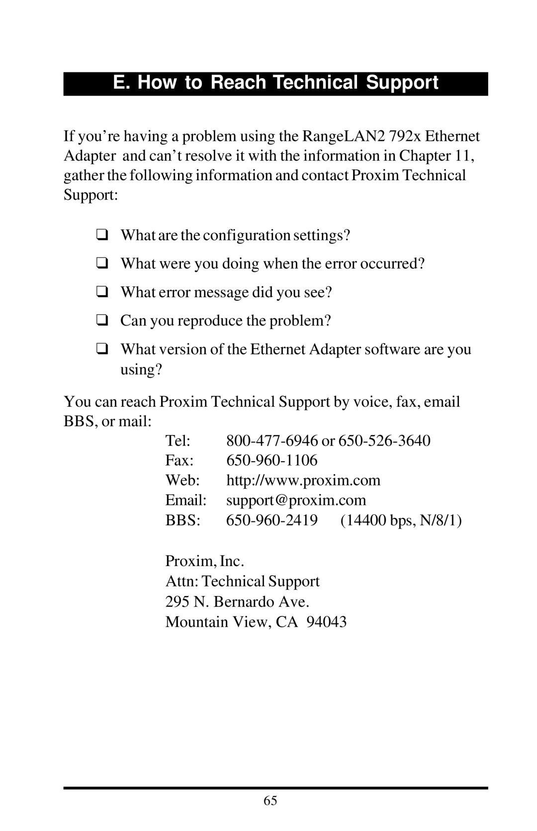 Proxim 7920, 7921 manual How to Reach Technical Support 