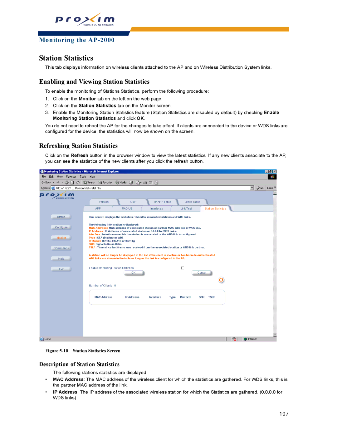 Proxim AP-2000 manual Enabling and Viewing Station Statistics, Refreshing Station Statistics 