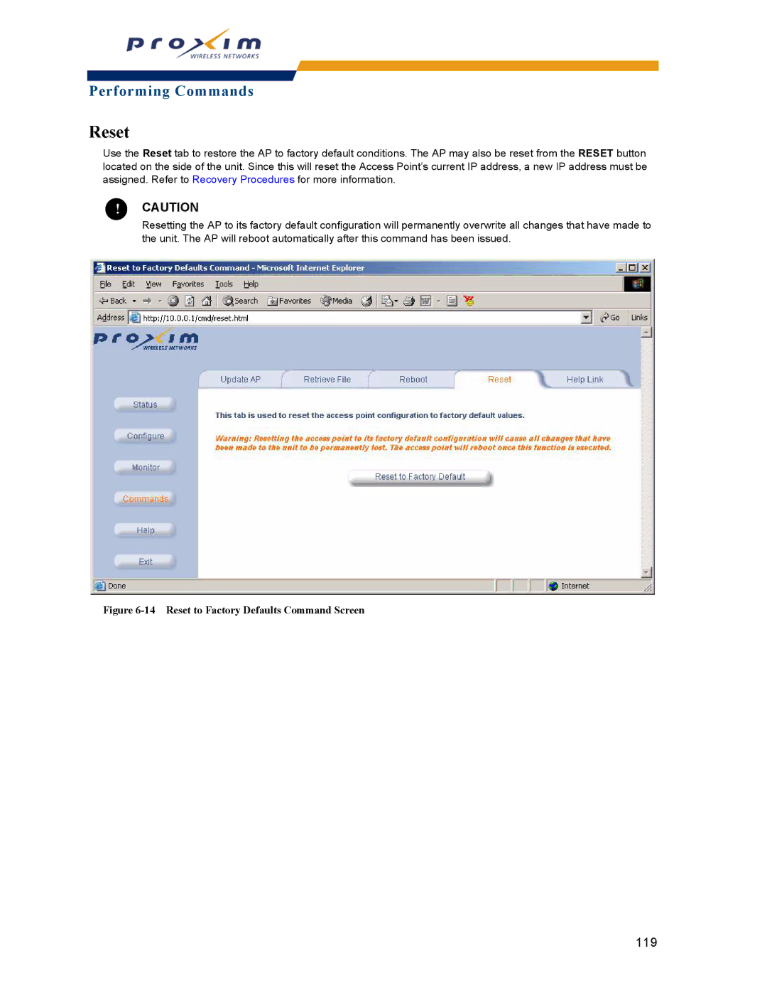Proxim AP-2000 manual Reset to Factory Defaults Command Screen 