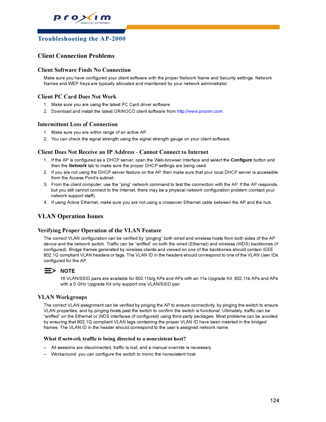 Proxim AP-2000 manual Client Connection Problems, Vlan Operation Issues 