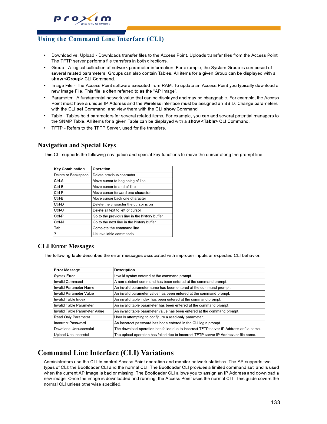 Proxim AP-2000 manual Command Line Interface CLI Variations, Navigation and Special Keys, CLI Error Messages 