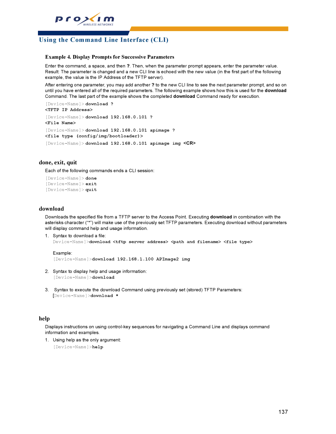 Proxim AP-2000 manual Done, exit, quit, Download, Help, Example 4. Display Prompts for Successive Parameters 