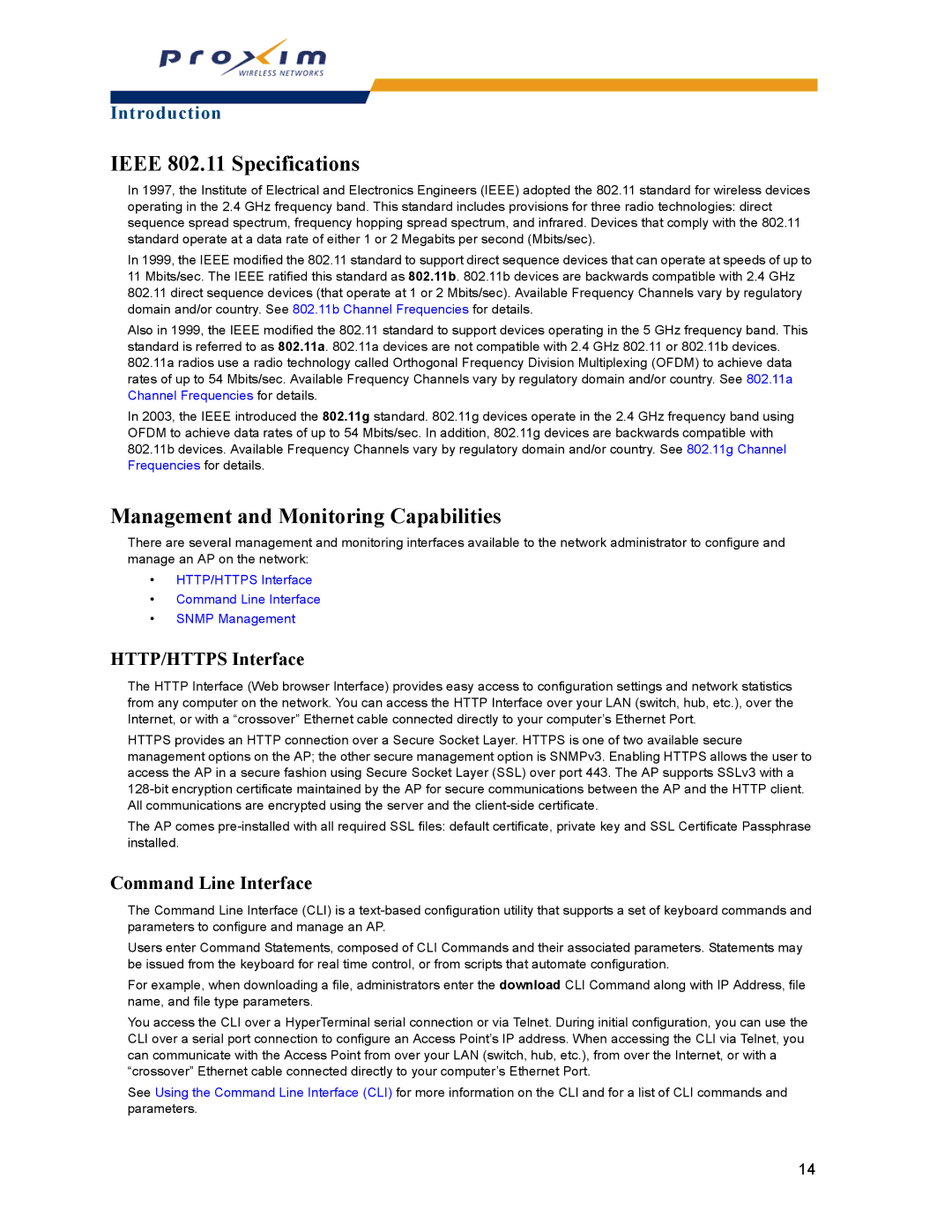 Proxim AP-2000 manual Ieee 802.11 Specifications, Management and Monitoring Capabilities, HTTP/HTTPS Interface 