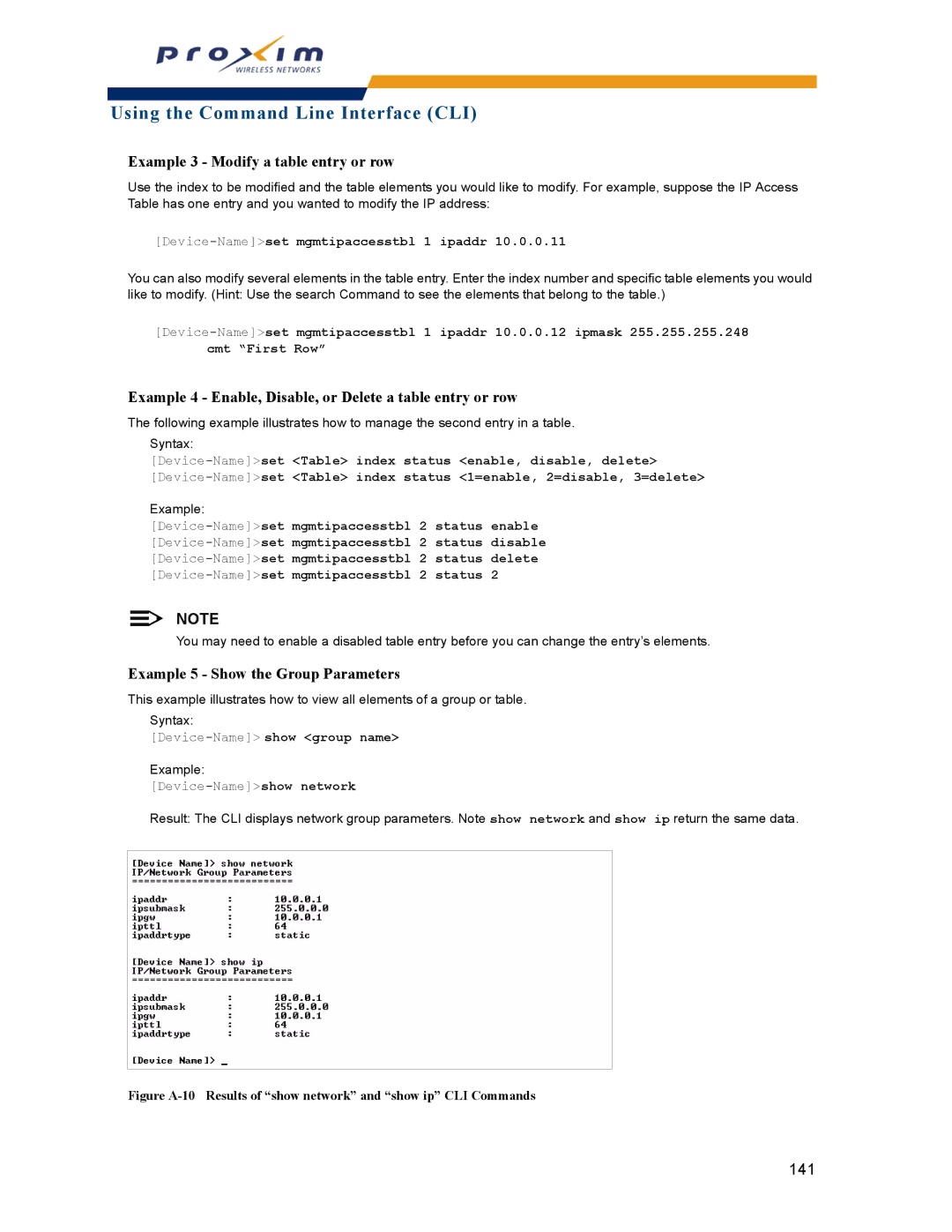 Proxim AP-2000 manual Example 3 Modify a table entry or row, Example 4 Enable, Disable, or Delete a table entry or row 