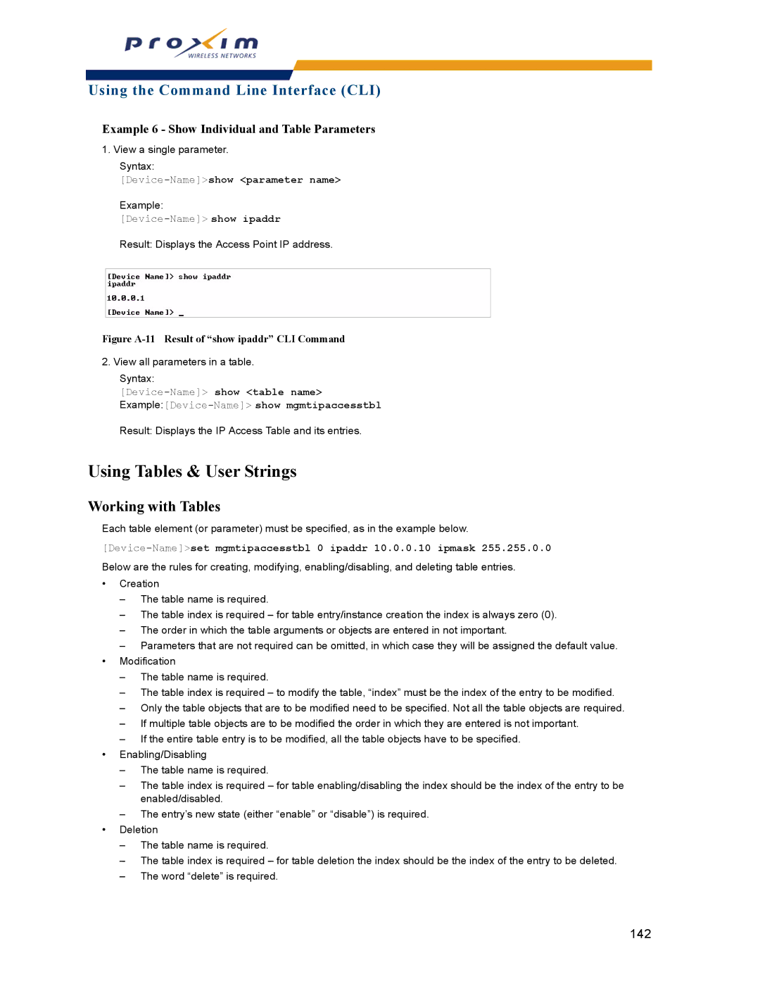 Proxim AP-2000 manual Using Tables & User Strings, Working with Tables, Example 6 Show Individual and Table Parameters 