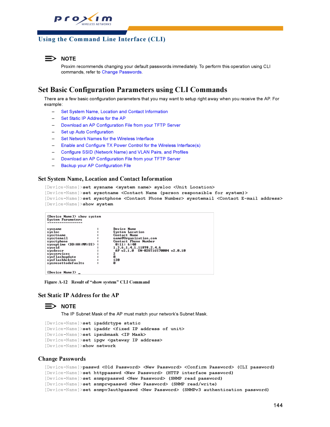 Proxim AP-2000 Set Basic Configuration Parameters using CLI Commands, Set System Name, Location and Contact Information 