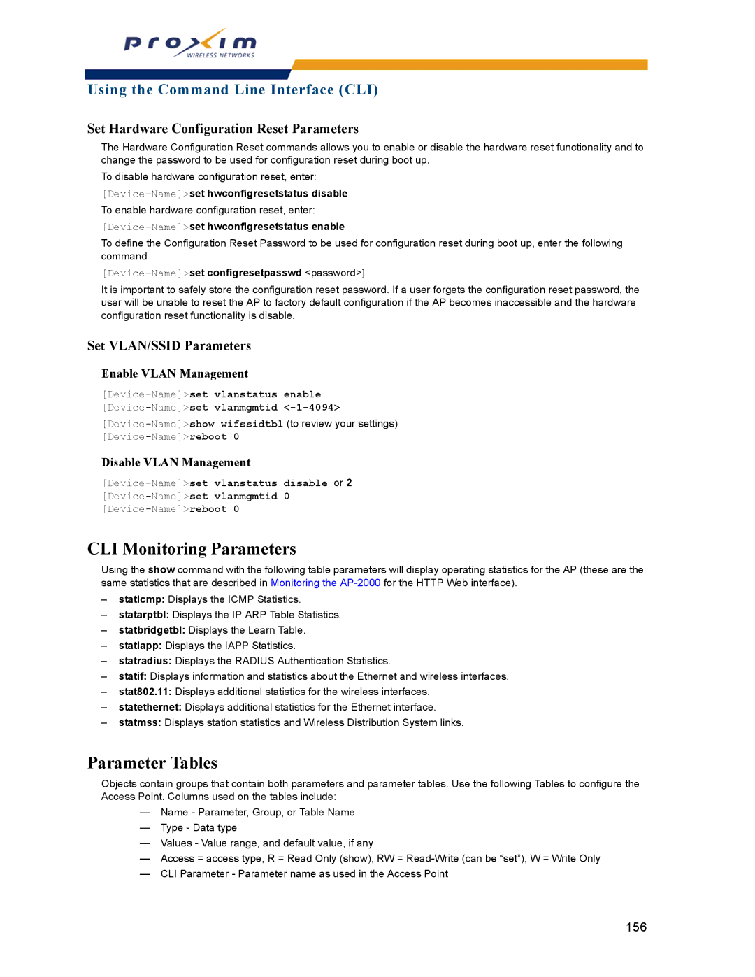 Proxim AP-2000 manual CLI Monitoring Parameters, Parameter Tables, Set Hardware Configuration Reset Parameters 