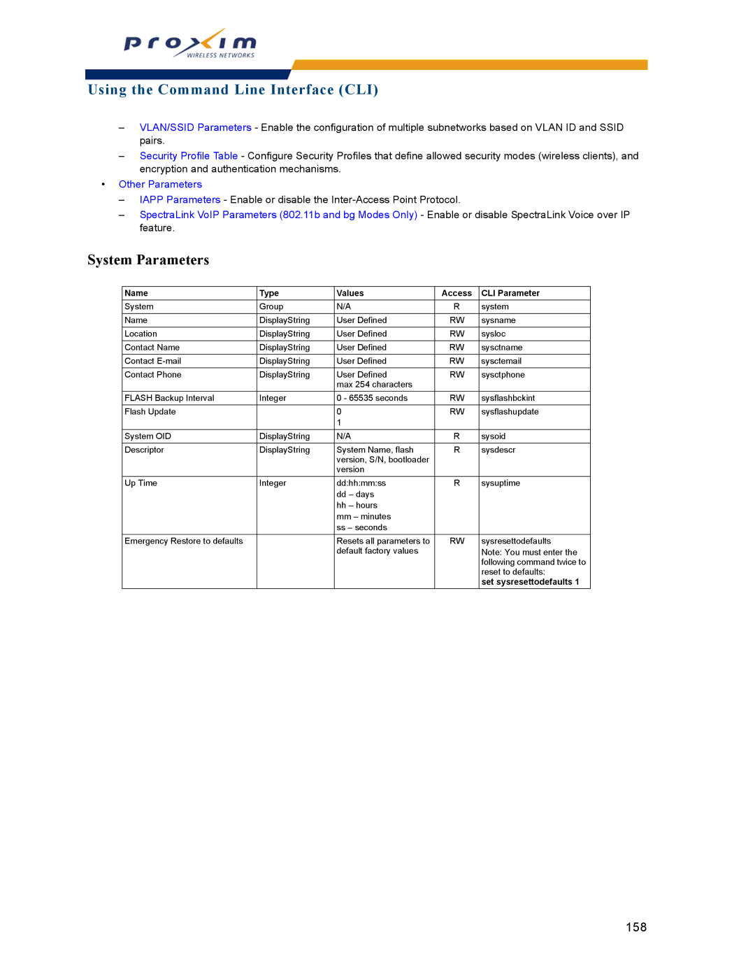 Proxim AP-2000 manual System Parameters, Name Type Values Access CLI Parameter 