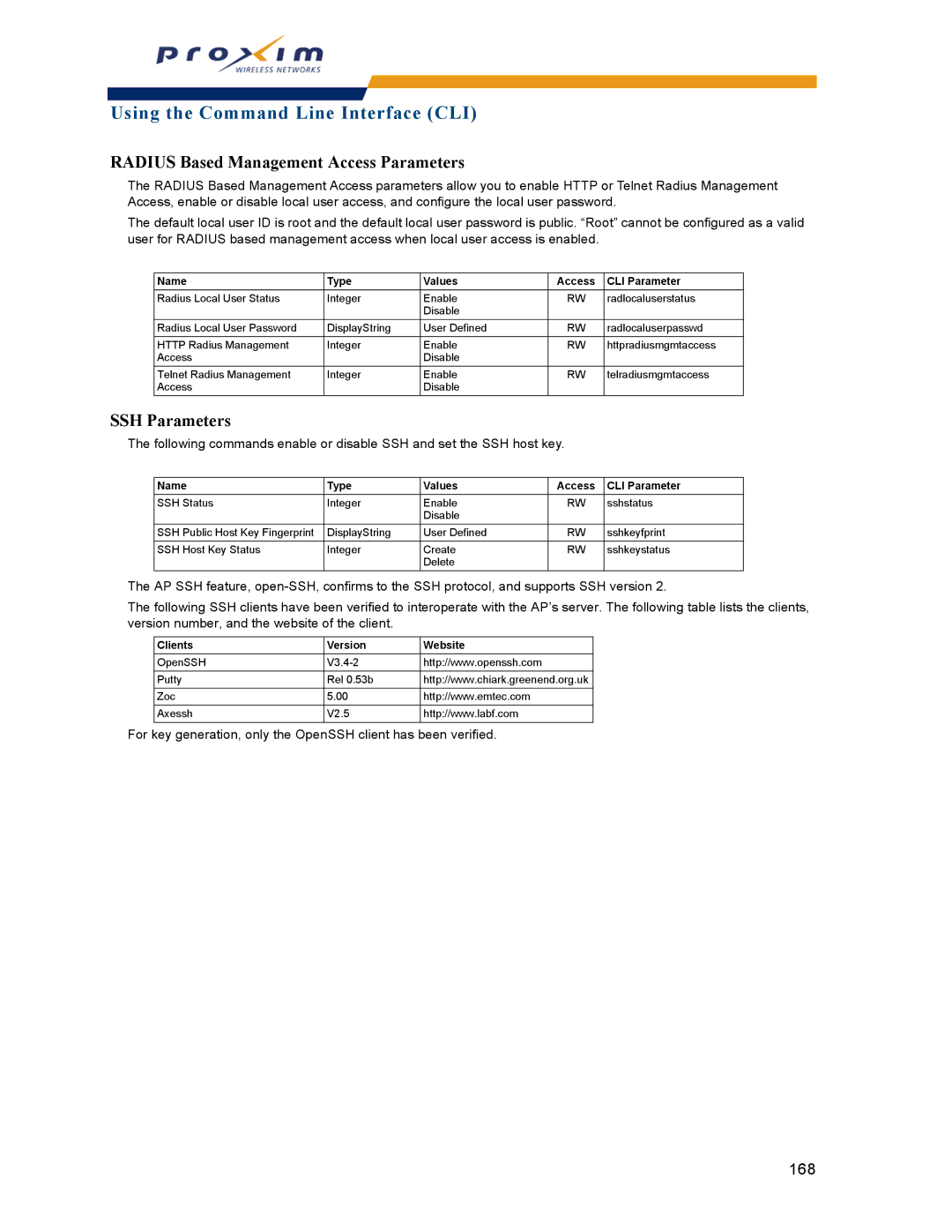 Proxim AP-2000 manual Radius Based Management Access Parameters, SSH Parameters 