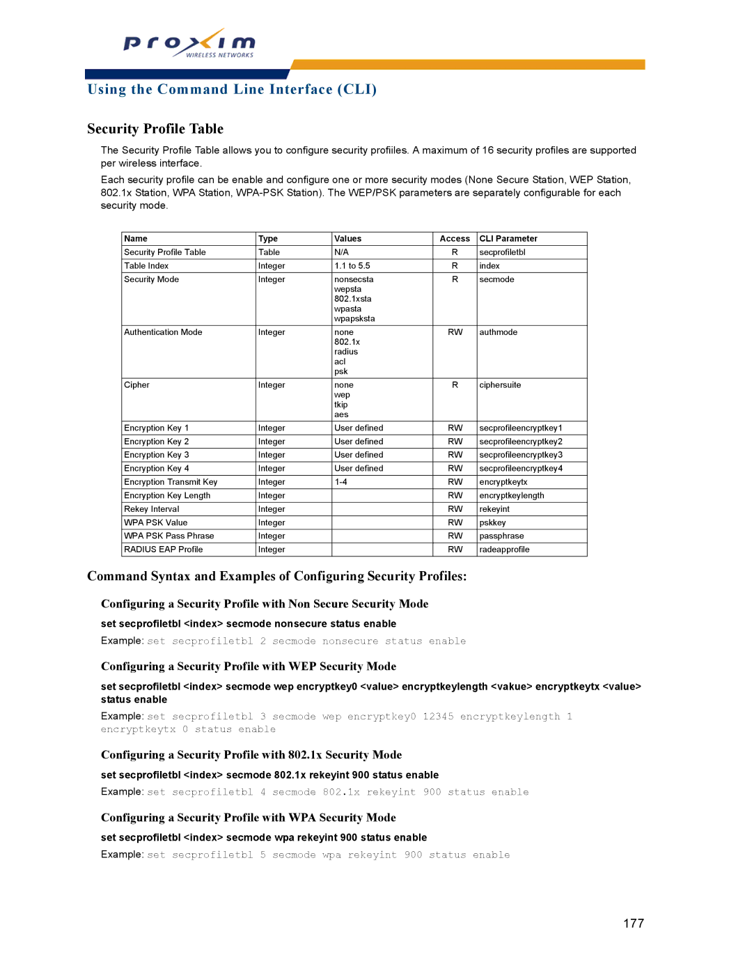 Proxim AP-2000 manual Security Profile Table, Configuring a Security Profile with WEP Security Mode 