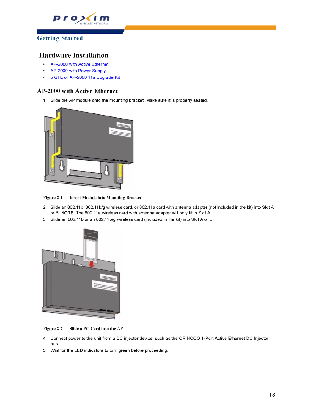 Proxim manual Hardware Installation, AP-2000 with Active Ethernet 