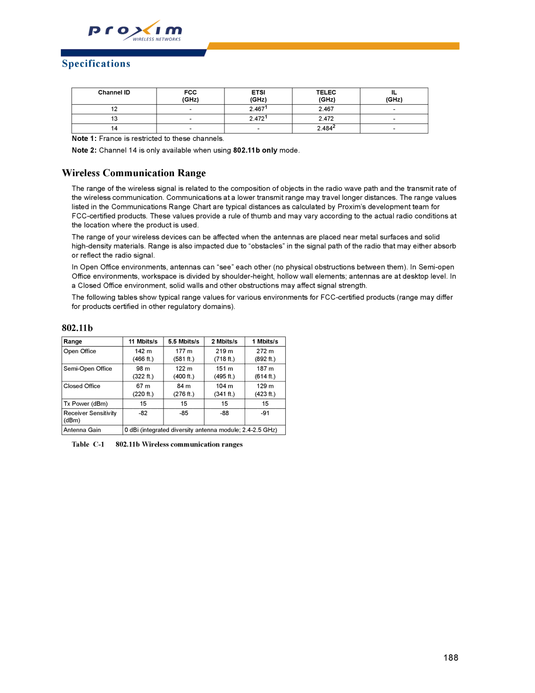 Proxim AP-2000 manual Wireless Communication Range, 802.11b 