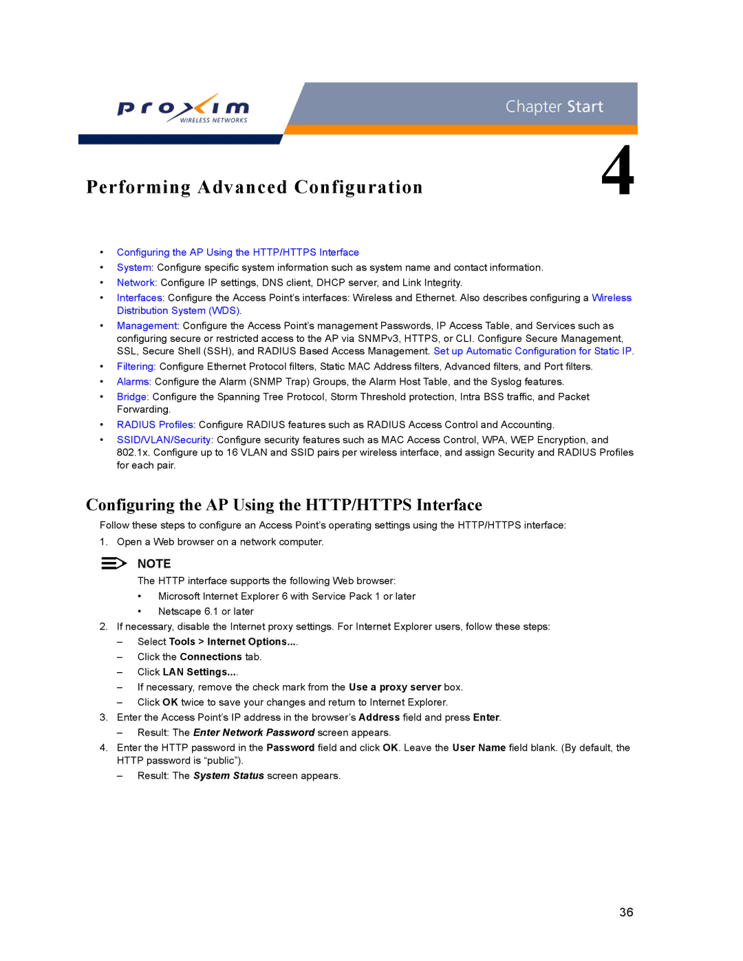 Proxim AP-2000 manual Performing Advanced Configuration, Configuring the AP Using the HTTP/HTTPS Interface 