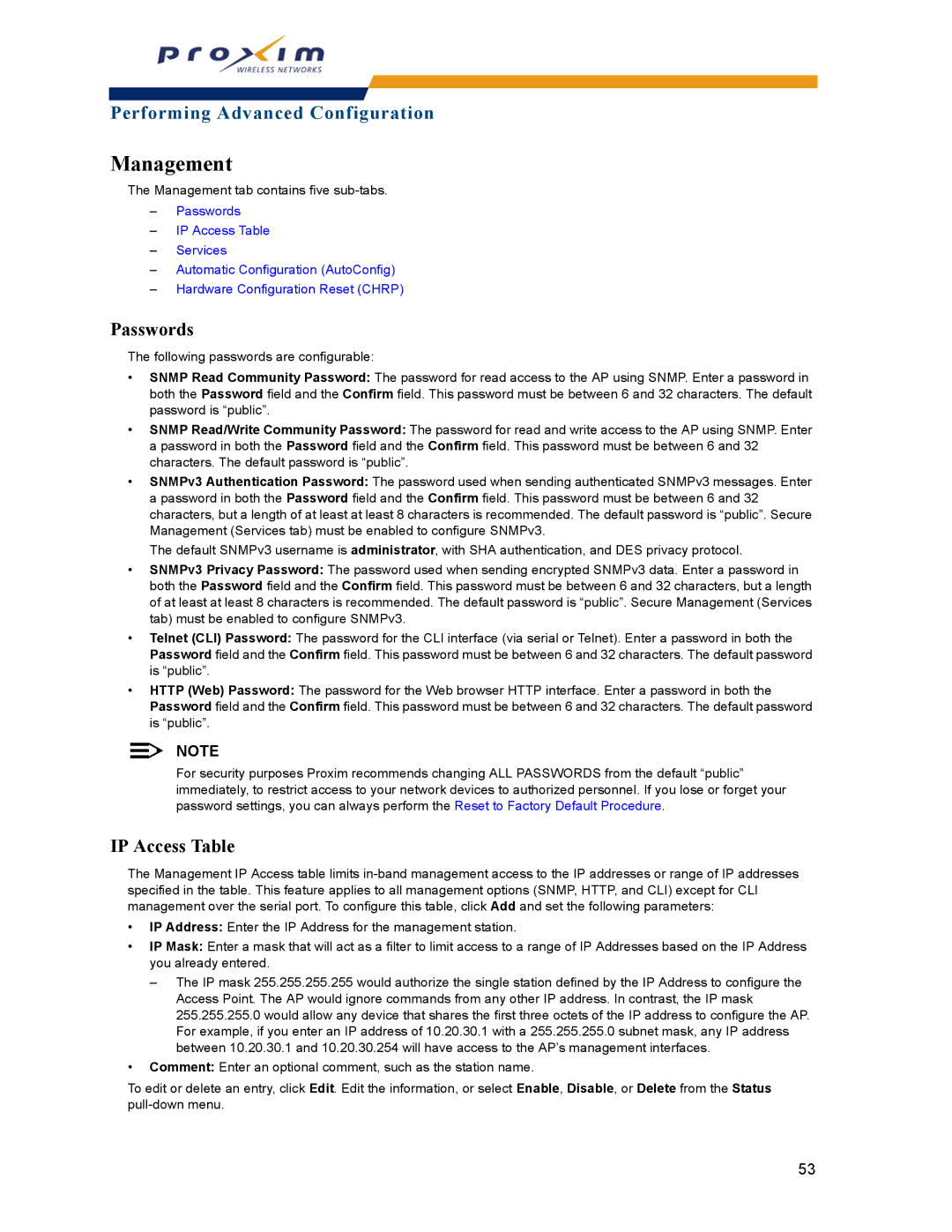 Proxim AP-2000 manual Management, Passwords, IP Access Table 