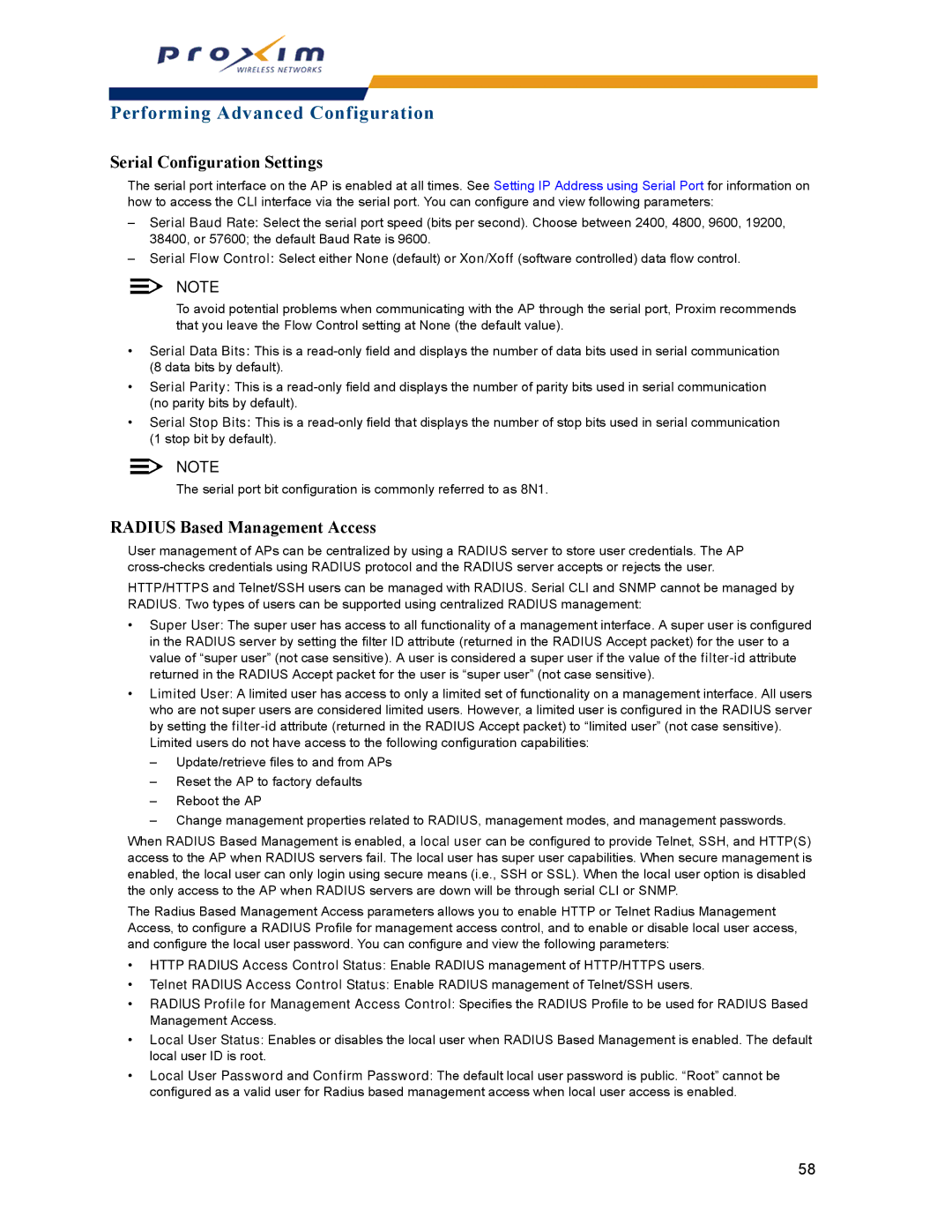Proxim AP-2000 manual Serial Configuration Settings, Radius Based Management Access 