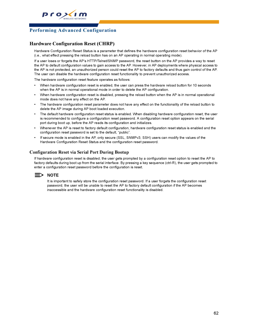 Proxim AP-2000 manual Hardware Configuration Reset Chrp, Configuration Reset via Serial Port During Bootup 