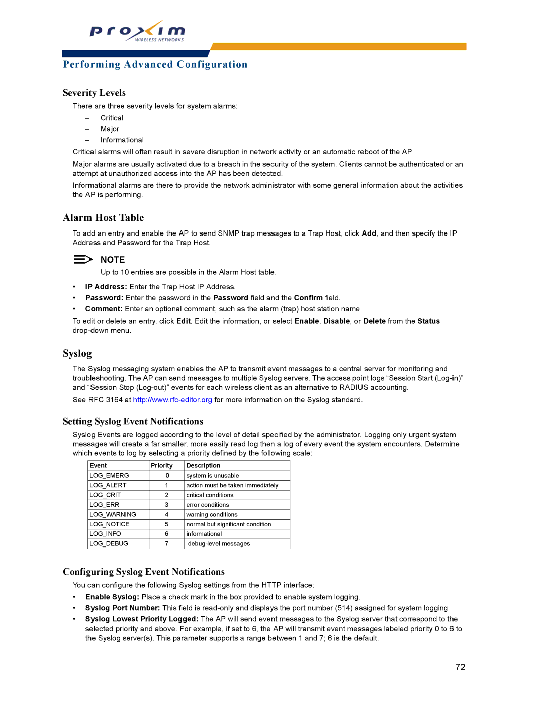 Proxim AP-2000 manual Alarm Host Table, Severity Levels, Setting Syslog Event Notifications 