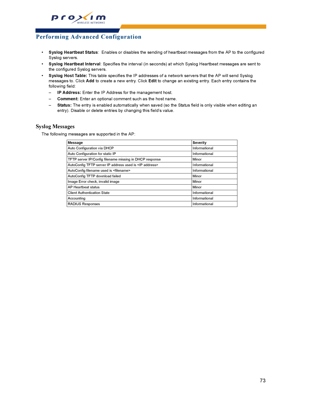 Proxim AP-2000 manual Syslog Messages, Following messages are supported in the AP 