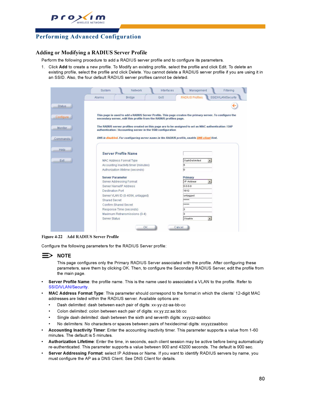 Proxim AP-2000 manual Adding or Modifying a Radius Server Profile, Add Radius Server Profile 