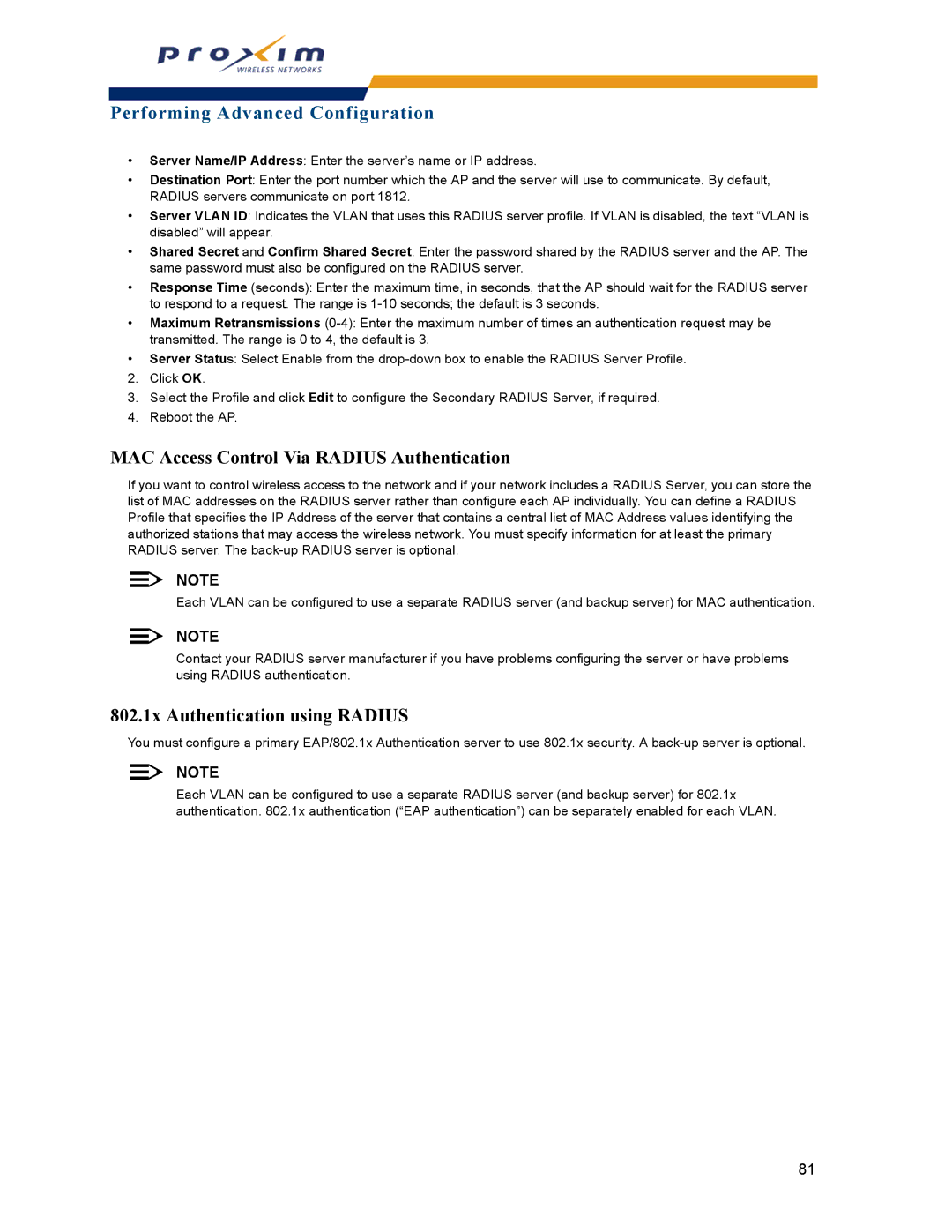 Proxim AP-2000 manual MAC Access Control Via Radius Authentication, 802.1x Authentication using Radius 