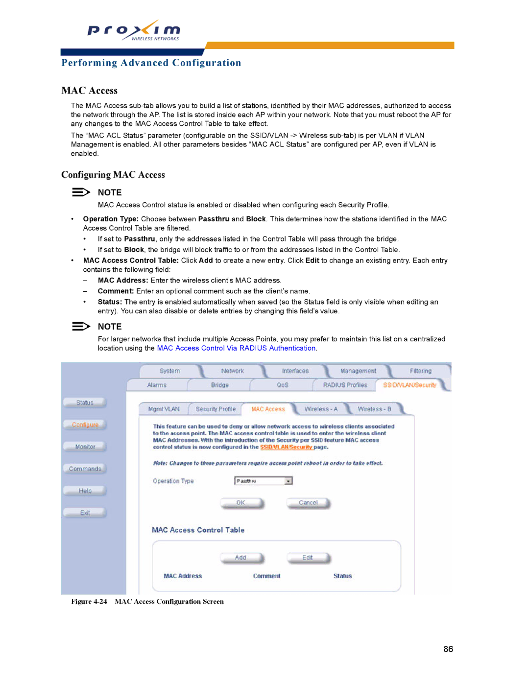 Proxim AP-2000 manual Configuring MAC Access 