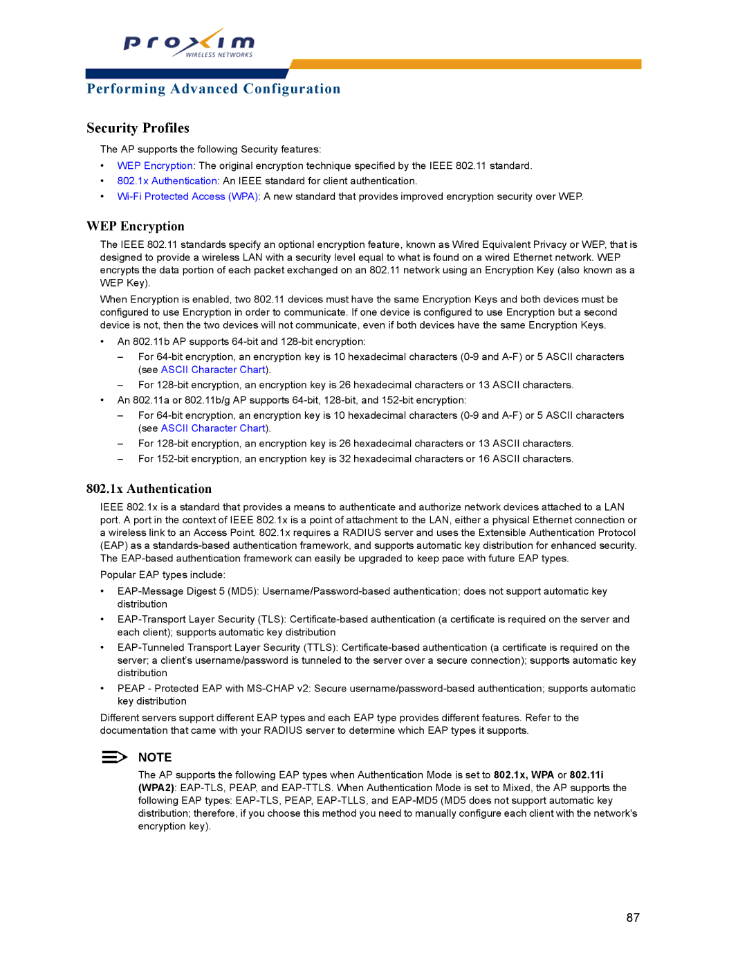 Proxim AP-2000 manual Security Profiles, WEP Encryption, 802.1x Authentication 