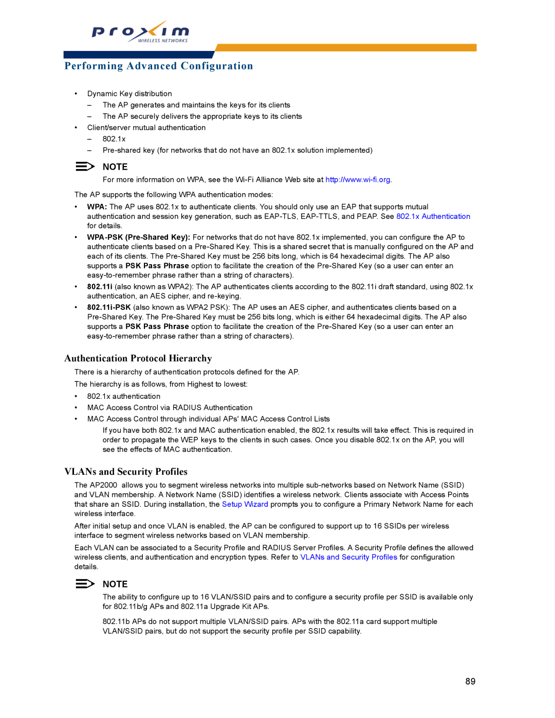 Proxim AP-2000 manual Authentication Protocol Hierarchy, VLANs and Security Profiles 