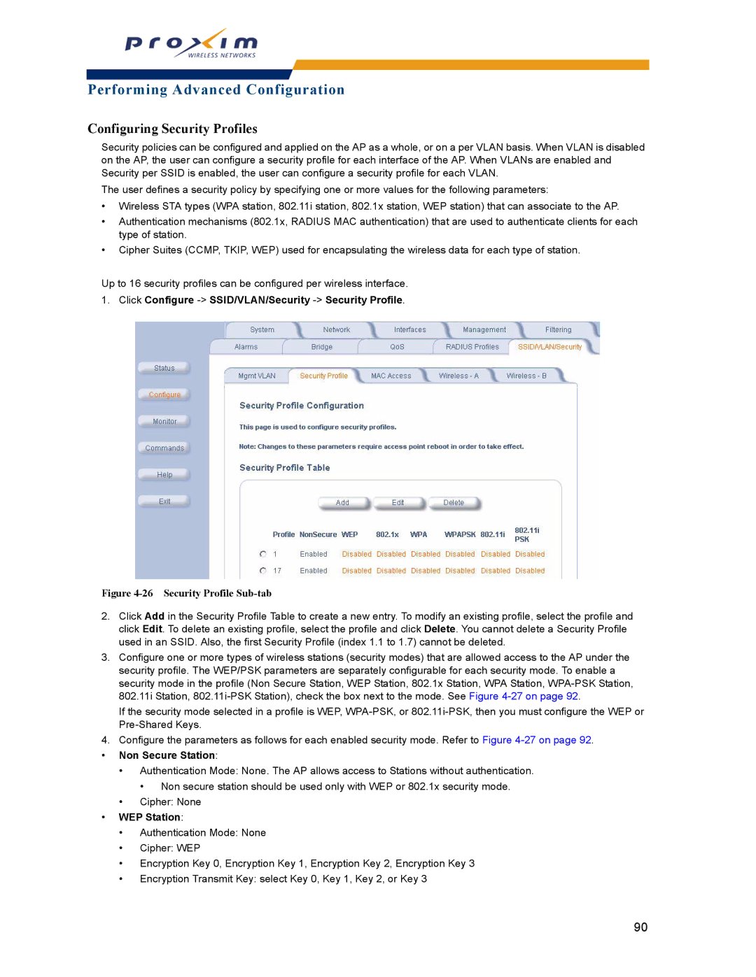 Proxim AP-2000 Configuring Security Profiles, Click Configure -SSID/VLAN/Security -Security Profile, Non Secure Station 