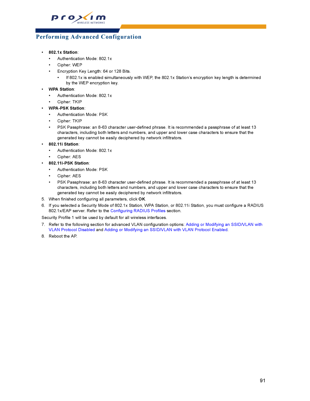 Proxim AP-2000 manual 802.1x Station, WPA Station, WPA-PSK Station, 802.11i Station, 802.11i-PSK Station 