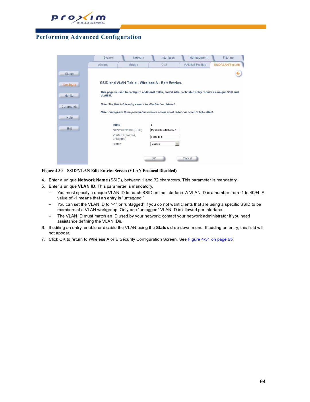 Proxim AP-2000 manual SSID/VLAN Edit Entries Screen Vlan Protocol Disabled 