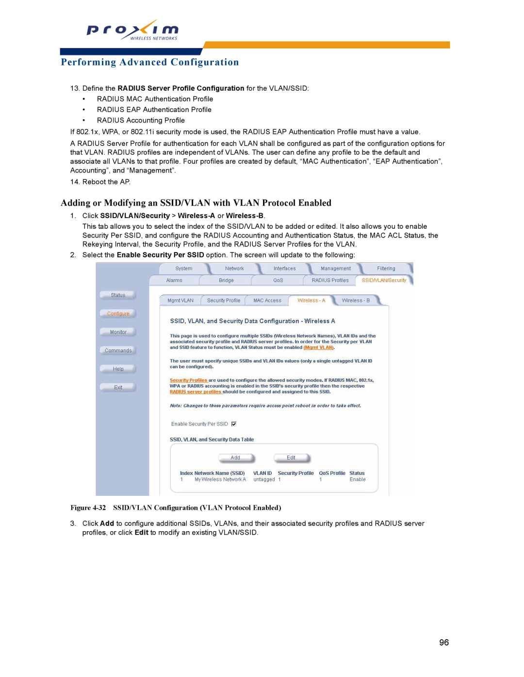 Proxim AP-2000 manual Adding or Modifying an SSID/VLAN with Vlan Protocol Enabled 