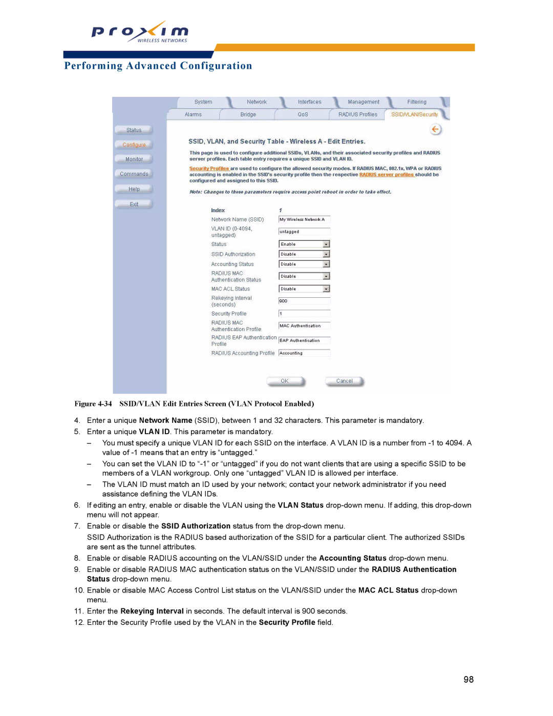 Proxim AP-2000 manual SSID/VLAN Edit Entries Screen Vlan Protocol Enabled 